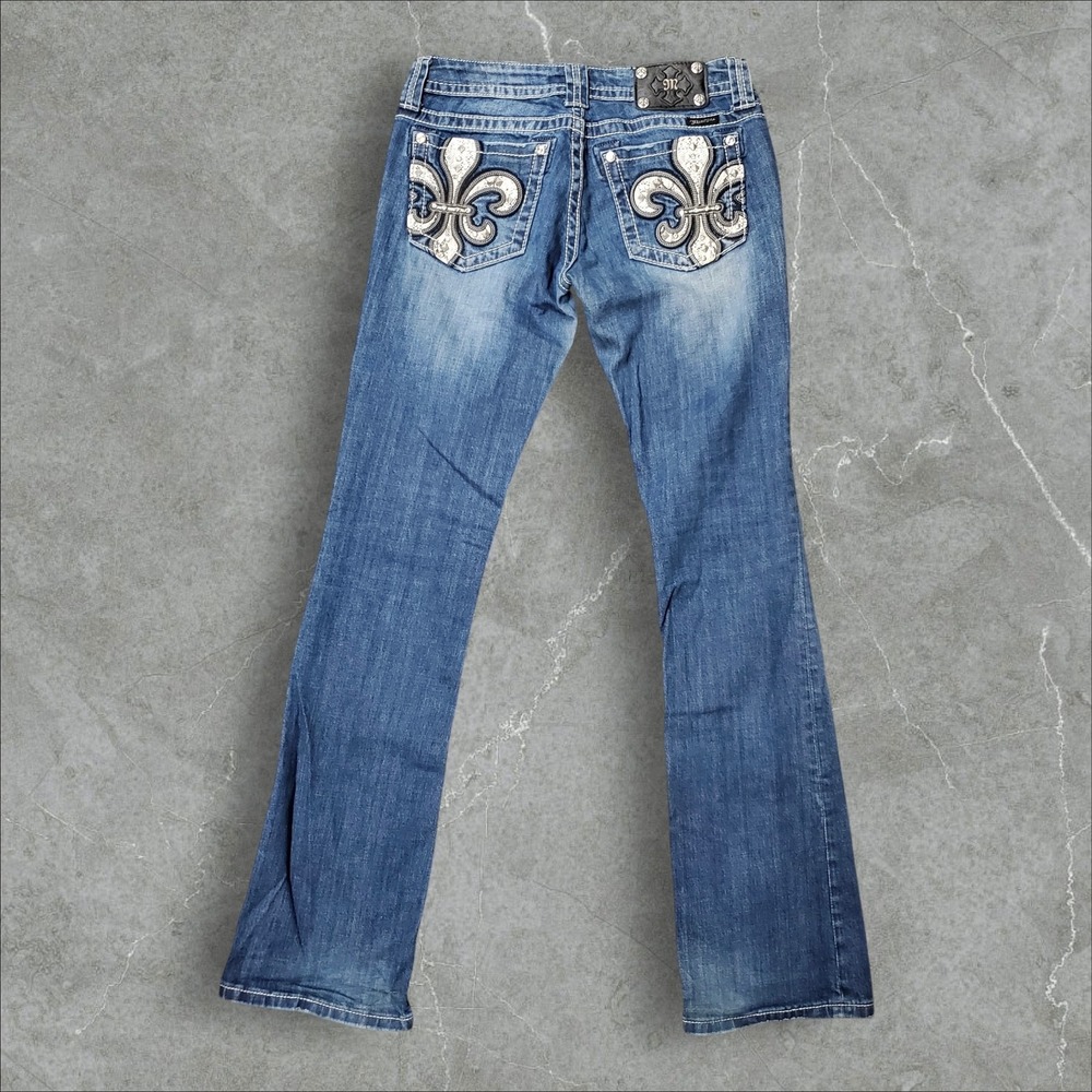 Miss Me Bootcut Jeans Womens 28 Blue Fleur-de-lis Y2K Grunge Embellished JP6163B